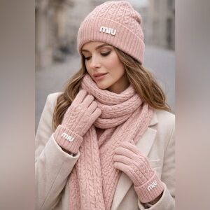 Blush Pink Cozy Knit Set Hat Scarf Gloves Winter Bundle